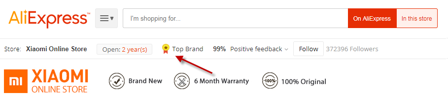 AliExpress store with top brand mark
