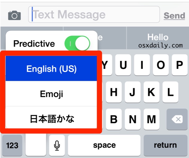 Select the desired language keyboard to use in iOS