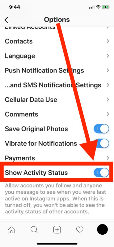 Disable Instagram activity status online status broadcasting