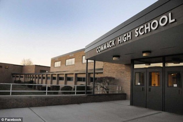 The three high school seniors at Commack High School (pictured) surrendered on Tuesday morning with their parents and lawyers. They were released without bond following their arraignment