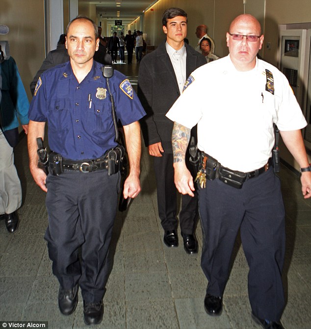 Daniel Soares (pictured leaving court on Tuesday), 17, of Commack, New York - who was the alleged mastermind in the Ferris Bueller-like stunt - was arrested on Tuesday along with two other students. They are accused of hacking into their district