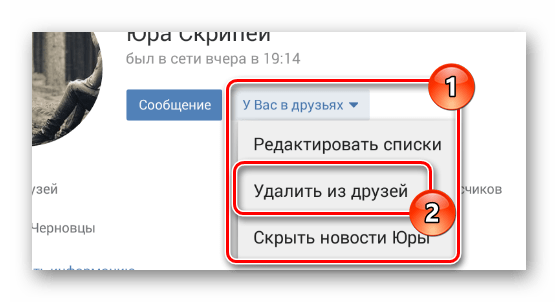 Процесс удаления пользователя из друзей в мобильном приложении ВКонтакте