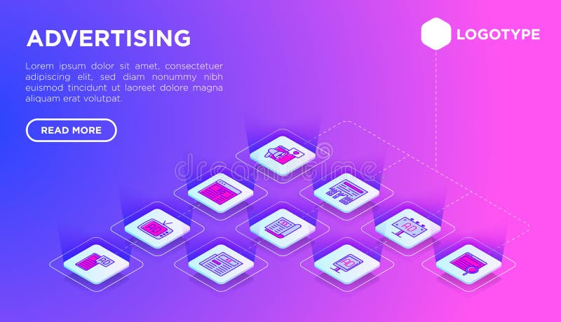 Advertising web page template with thin line isometric icons: billboard, street ads, newspaper, magazine, product promotion, email stock illustration