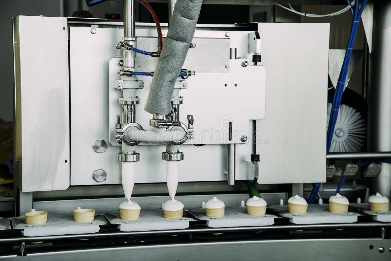Automatic production line of ice-cream on factory royalty free stock photo