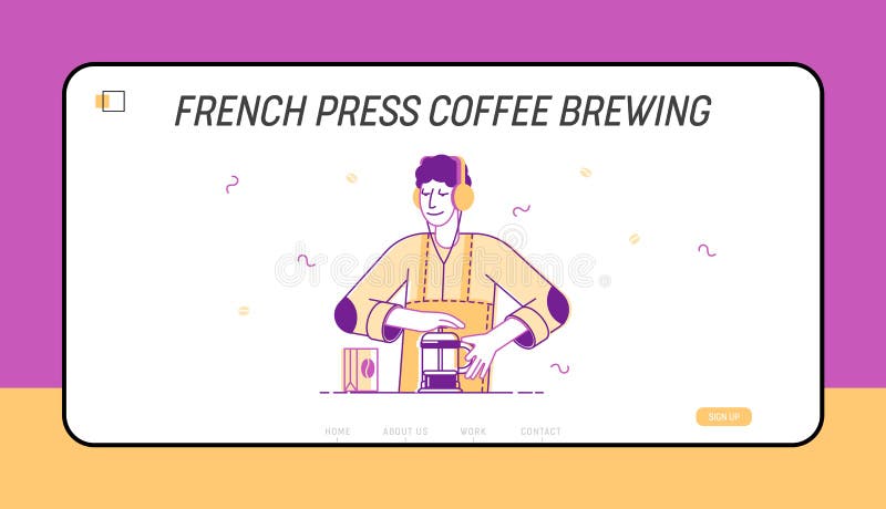 Bartender or Hipster Make Brewing French Press Coffee Website Landing Page. Coffee Shop Advertising, Hot Drinks royalty free illustration Bartender or Hipster Make Brewing French Press Coffee Website Landing Page. Coffee Shop Advertising, Hot Drinks royalty free illustration