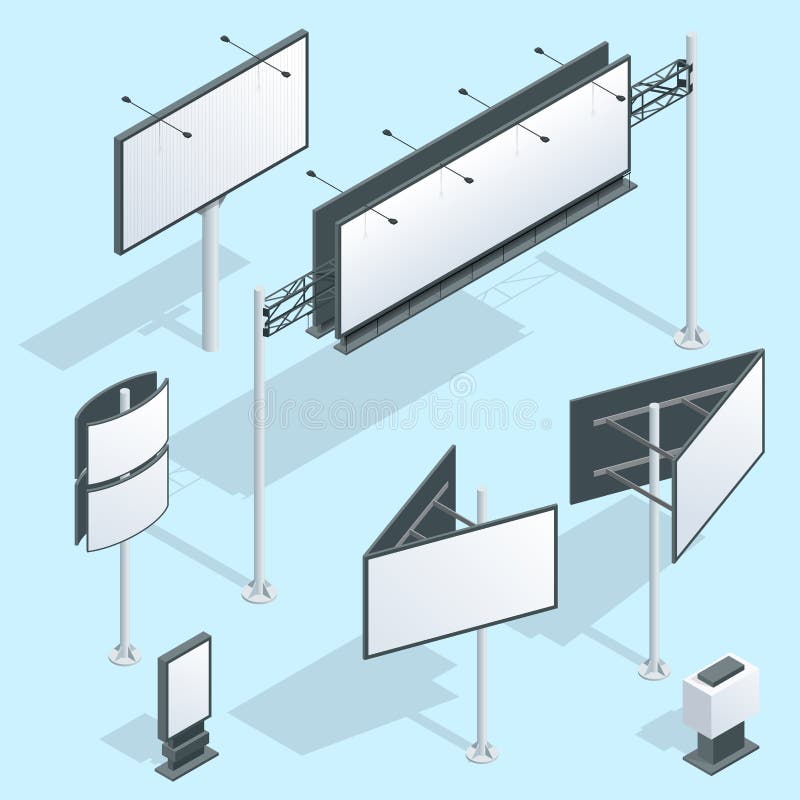 Billboard isometric. Set of different perspectives advertising construction for outdoor advertising big billboard on stock illustration