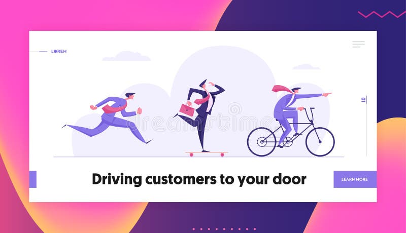 Business Challenge Competition Concept Landing Page with People Characters. Businessman Riding Bicycle. Man Skateboarding with Coffee, Running Employee Banner royalty free illustration