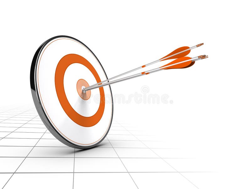 Business Competition or Advice Concept. Advice or business competition concept. One target and three arrows achieving their objectives. Perspective background vector illustration