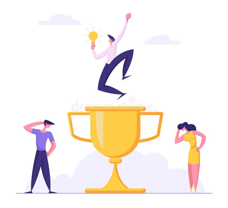 Business Competition Concept with Businessman Character with Idea Light Bulb Celebrating Victory Jumping Over Golden Cup. Trophy. Smart Solutions, Goal stock illustration