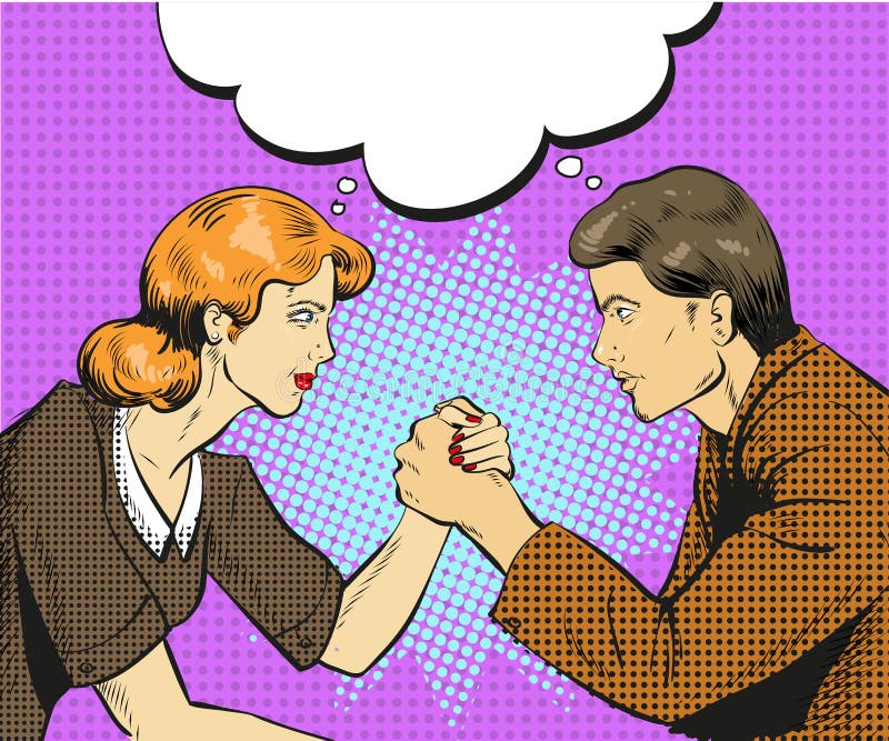 Business competition concept vector pop art illustration. Vector illustration of arm wrestling competition between businessman and businesswoman, speech bubble vector illustration