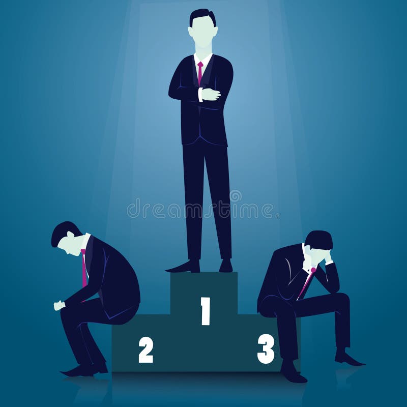 Business Competition Concept. Winner Businessman. Vector illustration. Business competition concept. Champion businessmen on podium. Happy and sad. First winner vector illustration