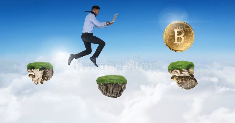 Businessman collecting bitcoins jumping on game platforms in sky holding laptop. Digital composite of Businessman collecting bitcoins jumping on game platforms royalty free stock photos