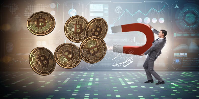 The businessman mining bitcoins with horseshoe magnet. Businessman mining bitcoins with horseshoe magnet royalty free stock images