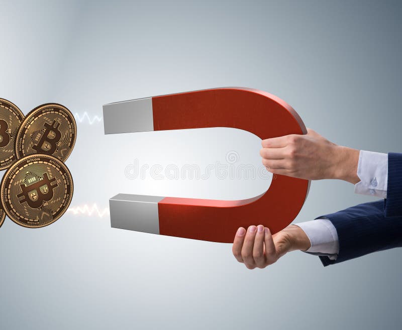 Businessman mining bitcoins with horseshoe magnet. The businessman mining bitcoins with horseshoe magnet stock image