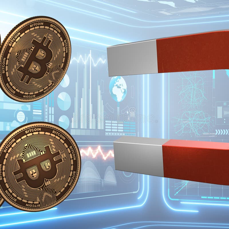 Businessman mining bitcoins with horseshoe magnet. The businessman mining bitcoins with horseshoe magnet stock images