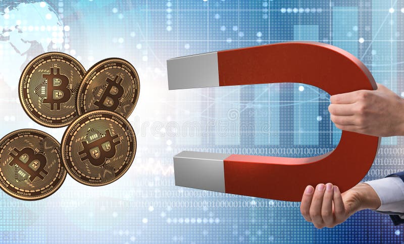 Businessman mining bitcoins with horseshoe magnet. The businessman mining bitcoins with horseshoe magnet stock image