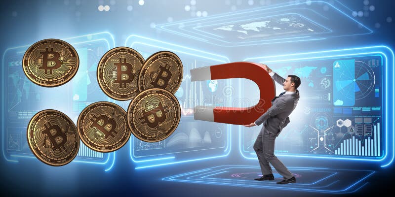 The businessman mining bitcoins with horseshoe magnet. Businessman mining bitcoins with horseshoe magnet royalty free stock photo