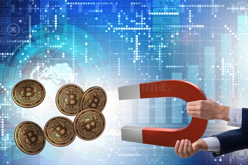 The businessman mining bitcoins with horseshoe magnet. Businessman mining bitcoins with horseshoe magnet stock photos