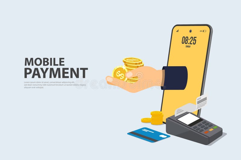 Concept Online and mobile payments Vector illustration pos terminal confirms the payment using a smartphone, Mobile payment, royalty free illustration