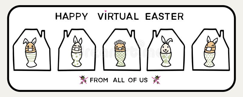 Corona virus happy easter bunny egg social media message. Quarantine virtual business clipart banner. Stay positive. Covid 19 infographic. Pandemic customer stock illustration