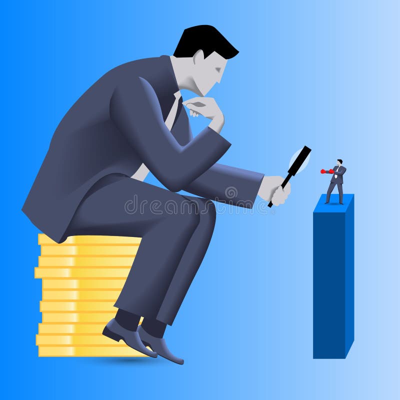 Corporate vs small business competition concept. Huge businessman sitting on pile of gold coins looks via magnifier on brave small businessman in boxing gloves stock illustration