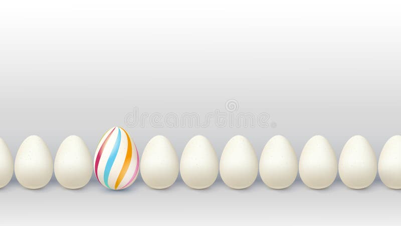 Different way for leader. Decorated egg stay in line with ordinary ones. Business concept with individual solutions. Creative view of situations for innovative stock illustration