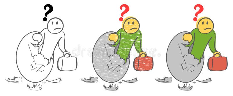 Frightened person looks from inside a giant golden egg with a broken top. Student looking for a job. Joining business world. New entrepreneur. Birth of startup royalty free illustration