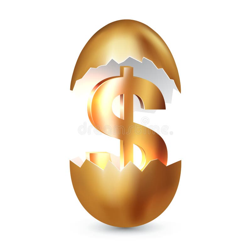 Golden dollar symbol inside a golden broken egg. Concept of financial business success or gaining wealth, venture investments. Golden dollar symbol inside a stock illustration
