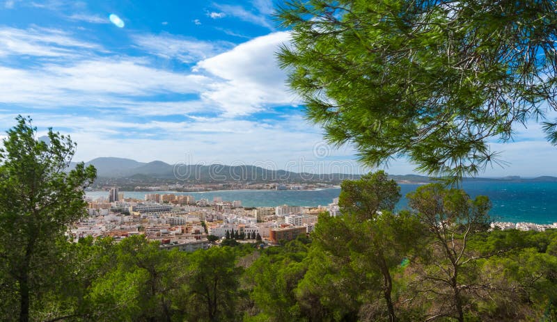 Hill side view of the city - St Antoni de Portmany, Ibiza, on a clearing day in November, kindly warm breeze in autumn, Balearic. Panoramic view from the hill royalty free stock photos