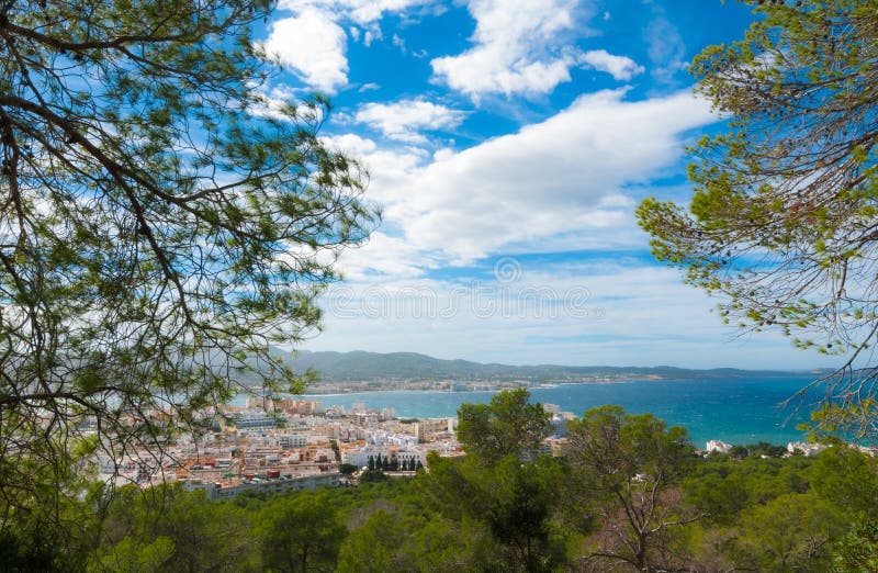 Hill side view of St Antoni de Portmany, Ibiza, on a clearing day in November, kindly warm breeze in autumn, Balearic Islands, Sp. Panoramic view from the hill royalty free stock images