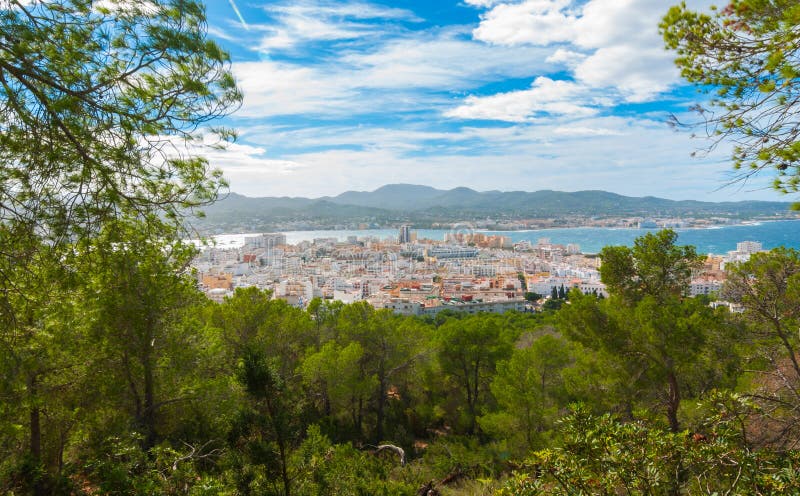 Hill side view of St Antoni de Portmany, Ibiza, on a clearing day in November, kindly warm breeze in autumn, Balearic Islands, Sp. Panoramic view from the hill stock photography