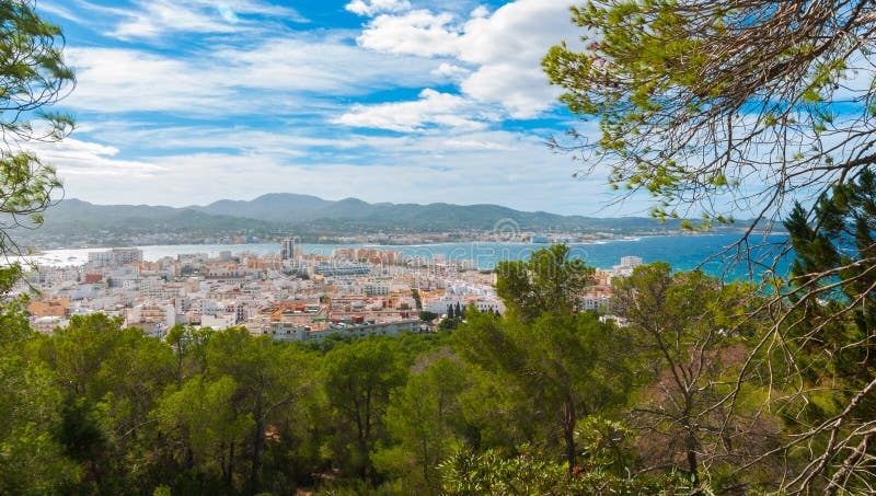 Hill side view of St Antoni de Portmany, Ibiza, on a clearing day in November, kindly warm breeze in autumn, Balearic Islands, Sp. Panoramic view from the hill stock image