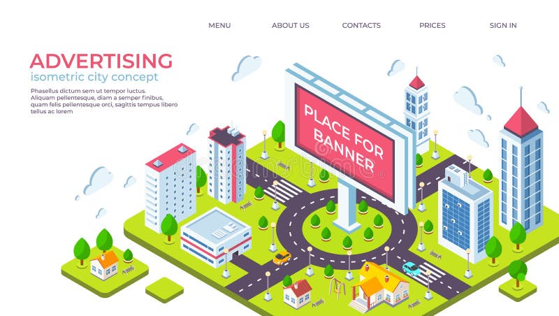 Isometric city billboard. Landing page with 3D city landscape and advertising banner. Vector outdoor ads concept royalty free illustration