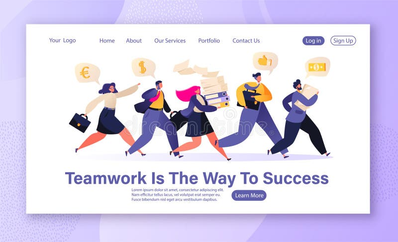 Teamwork, reach goal success, leadership and competition concept for website landing page. Group of different running businessmen to achieve results, goals and royalty free illustration