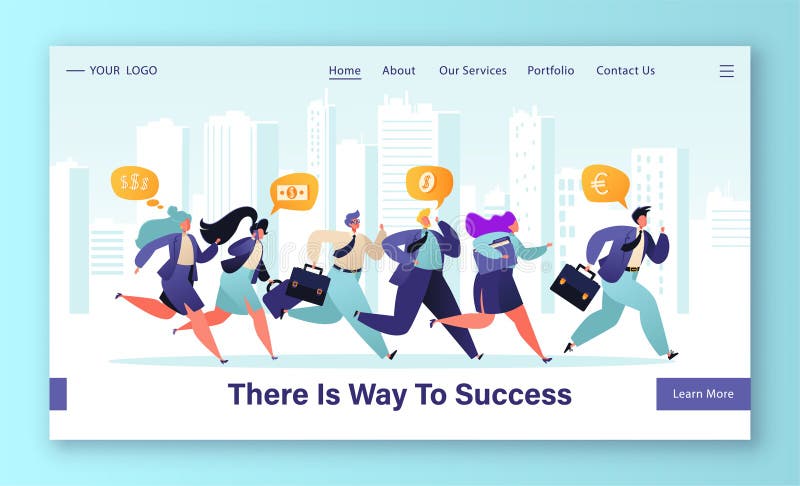 Leadership and competition concept for website landing page. Business people characters running by row. Web page banner teamwork achievement of goals and vector illustration