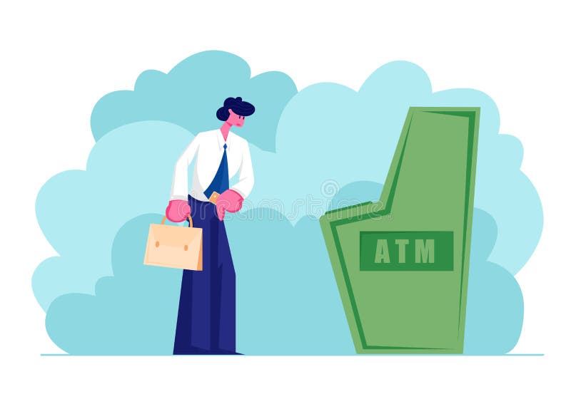 Man Stand at Automated Teller Machine Holding Credit Card in Hand, Character Want to Draw Money from Atm Businessman Visiting Bank stock illustration