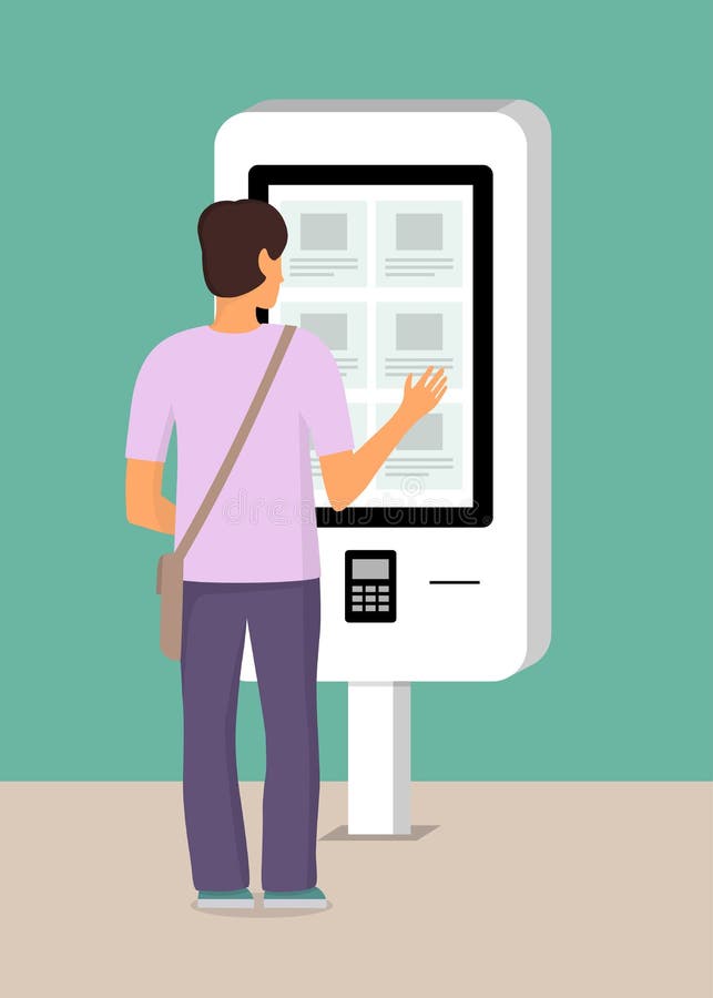 Man using self-service payment and information electronic terminal with touch screen. Vector illustration in flat style vector illustration