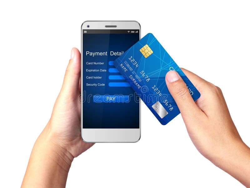 Mobile payment concept, Hand holding Smartphone with processing of mobile payments from credit card stock illustration