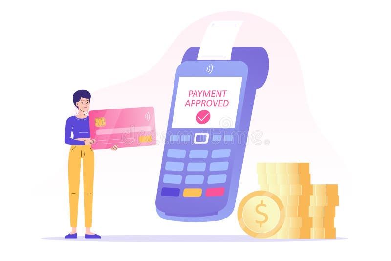 NFC contactless payment concept. Young woman using bank card to make payment. POS terminal approves the payment. Online royalty free illustration