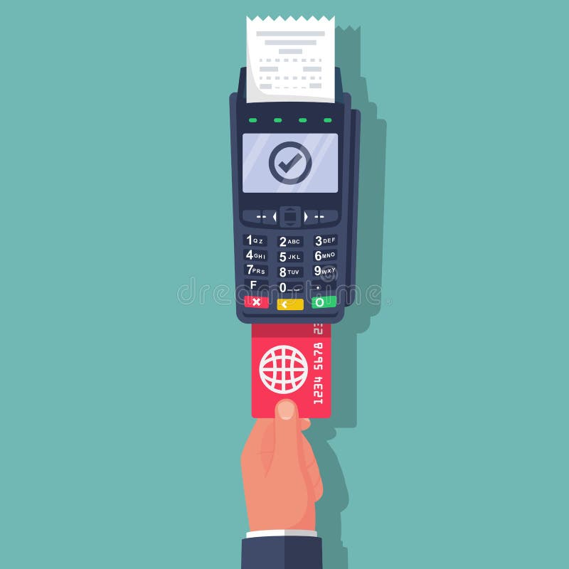 Payment terminal with keyboard . Person holds a bank card for payment through the pos terminal. stock illustration