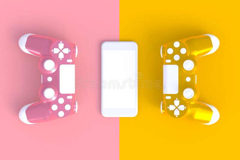 Pink yellow joystick with smart phone on pink yellow table background, Computer game competition, Gaming concept. 3D rendering vector illustration