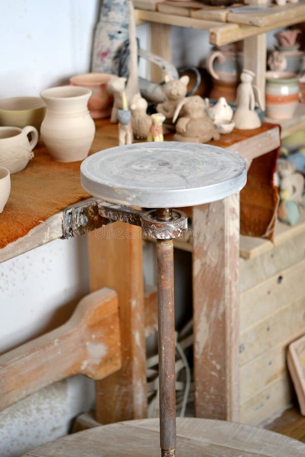 Pottery studio and potter`s wheel stock photo