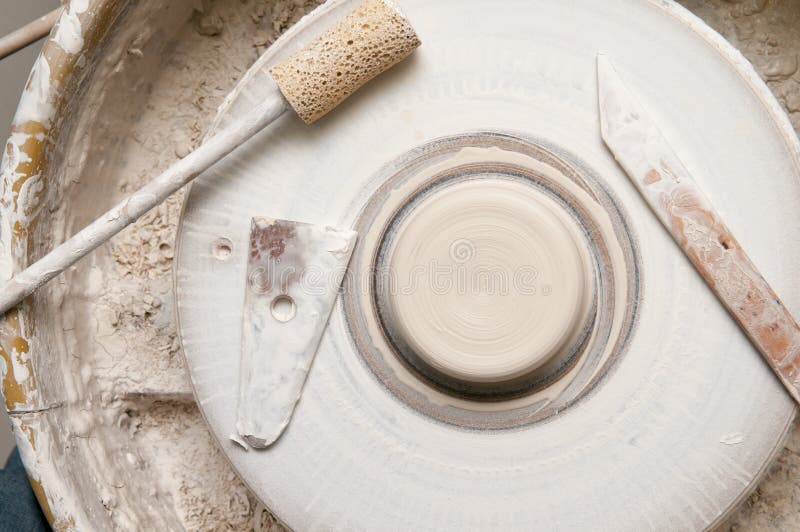 Pottery wheel in the studio making ceramic products stock images