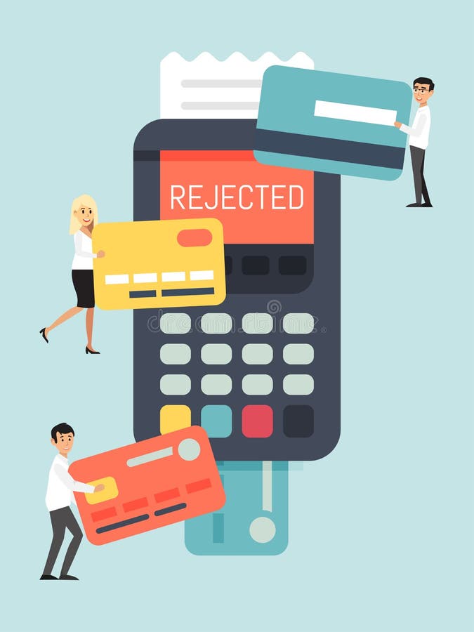 Rejected online card, remote payment system, tiny character person pay bank terminal isolated on blue, flat vector vector illustration