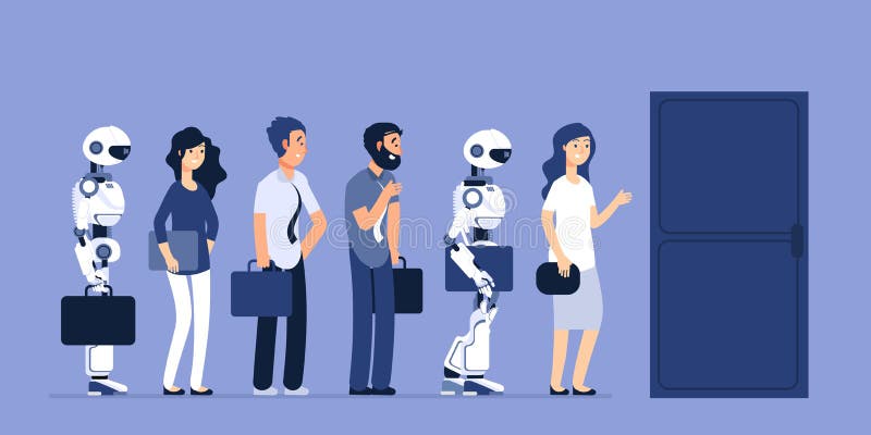 Robots and people unemployment. Android and man competition for job. Recruitment vector concept. Job, recruitment robotic and human illustration royalty free illustration