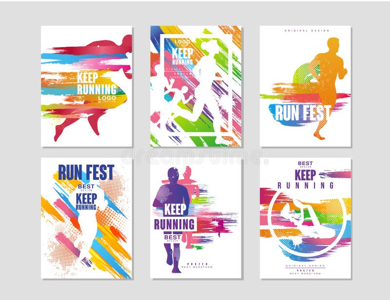 Run fest posters set, sport and competition concept, running marathon, colorful design element for card, banner, print. Badge vector Illustrations, web design royalty free illustration