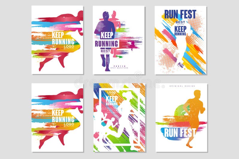 Run fest posters set, sport and competition concept, running marathon, colorful design element for card, banner, print. Badge vector Illustrations, web design royalty free illustration