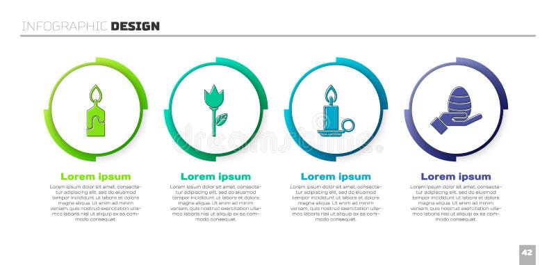 Set Burning candle, Flower tulip, Burning candle in candlestick and Human hand and easter egg. Business infographic. Template. Vector royalty free illustration