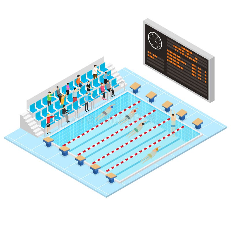 Swimming Competition Concept 3d Isometric View. Vector. Swimming Activity Sport Competition Concept 3d Isometric View Swimmers in Blue Water Pool. Vector royalty free illustration