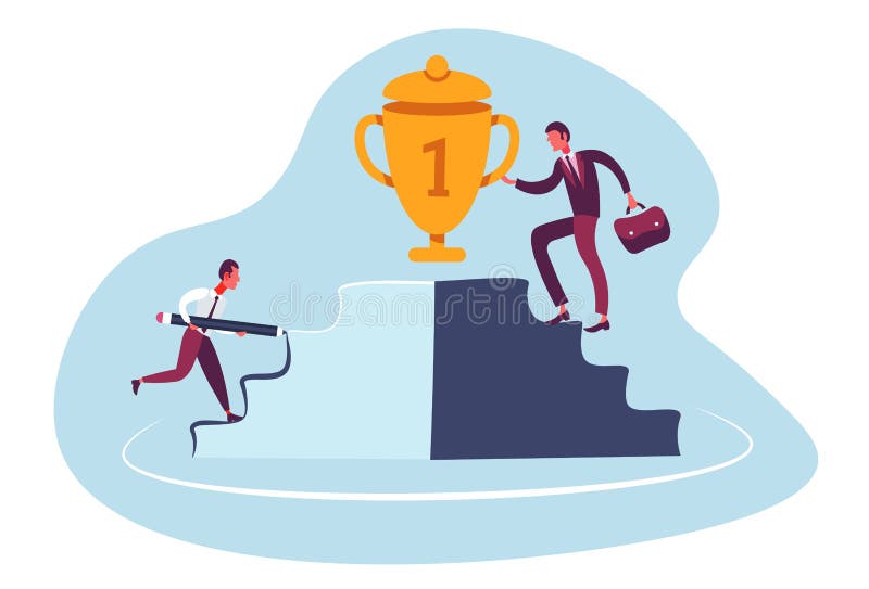 Two businessmen competition climbing podium first place trophy cup business strategy winner concept flat. Vector illustration royalty free illustration